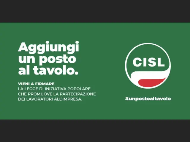 Disponibilità moduli per la raccolta firme Proposta di legge di iniziativa popolare, promossa da CISL, "La partecipazione al lavoro - per una governance d'impresa partecipata dai lavoratori"